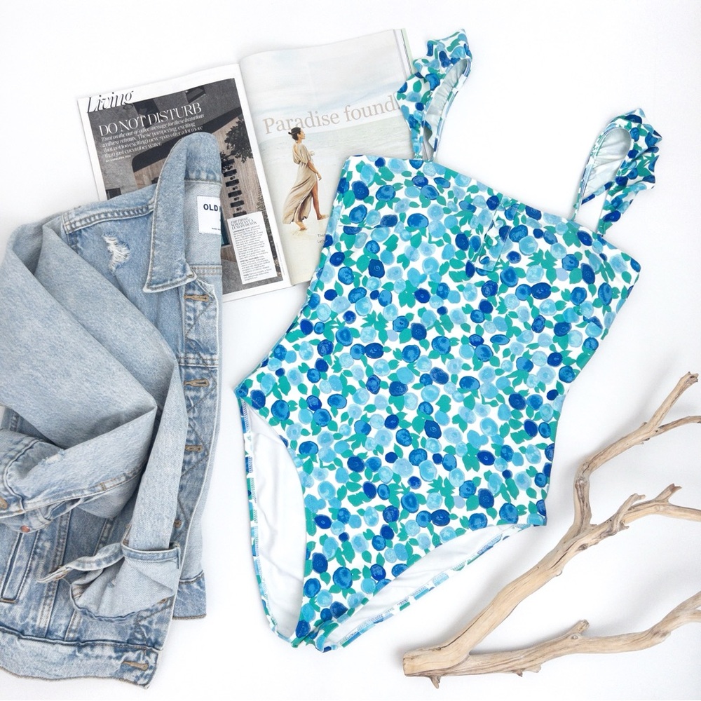 J CREW . Eco ruffle strap one-piece in blueberry floral